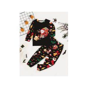 Two-piece Christmas Sleigh print long-sleeved suit - Black