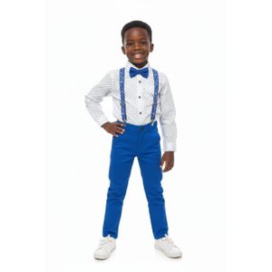 Little Gentleman Formal Ensemble: White Polka-Dot Button-Down with Sea Blue Trousers, Suspenders, and Bow Tie