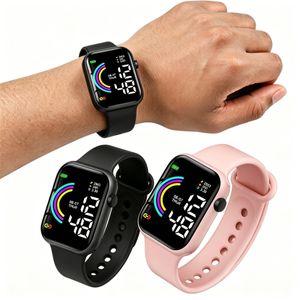 2 pcs children watch，watches for boys, LED electronic watch, cartoon square watch strap-Black & Pink