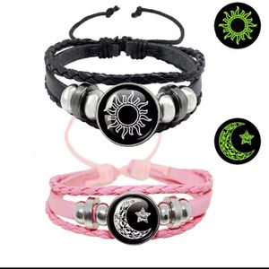 2-Piece Sun and Moon Couple Bracelets – Adjustable Braided Leather Wristbands for Men and Women