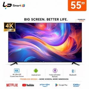 LP Smart TV 55-Voice Bluetooth Remote-4K UHD-Android 14.0-1.5+8G-Frameless-WiFi+Bluetooth-3 HDMI + 2 USB+ 1 year warranty - Black