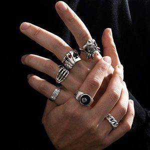 6PCS Men's Rings Set Heavy Metal Hip Hop Ring Set For Men - Silver