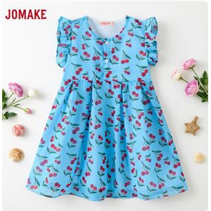 JOMAKE Dresses for children aged 1-7, plant patterns, sleeveless dresses，Blue-backed Cherry