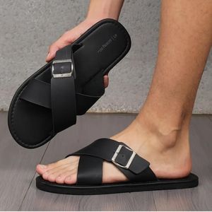 Nokoko 2pc Flexible Men's black and fashion slippers – Fashionable Non-Slip Leather Slide Sandals For Casual Indoor & Outdoor Wear
