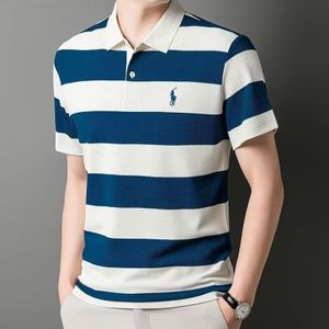 TOUPHY Men's Casual Cotton Blend Striped Collared T-Shirt Polo Shirts-Blue