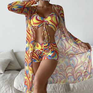 One Piece Swimsuit Long Sleeve Swimwear Women Bandage Print