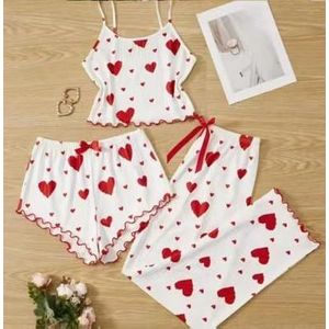 Women's 3-Piece Blue Heart Print Ribbed Pyjama Set - Cami, Shorts & Trousers - White & Red