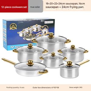 12-piece cookware set including stockpot, non-stick frying pan, saucepan, and gold-plated handles.