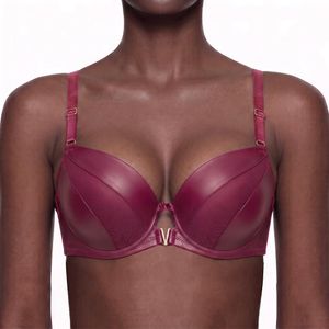 Binnys Choice Smooth Pu Leather Lingerie Non-Removable Breast Pads Spliced Mesh For Women Wire Friend Gatherings Bra 