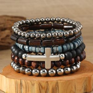 6 Piece Men's Bracelet Wooden Bead Cross Stackable Elastic Design for Daily Wear Gift - Multicolor