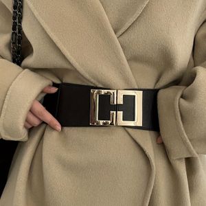 Women's Wide Black Waist Belt - Gold Square Buckle Cincher for Coats & Dresses