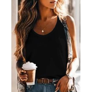 Ladies T Shirt Solid Color Tanks Tops for Women Soft Casual Polos Vest Tshirt--Black