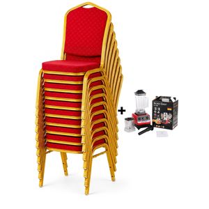 Pack of 10 Red & Gold Upholstered Stackable Banquet Chairs + Silver Crest Heavy-Duty Commercial Blender Set