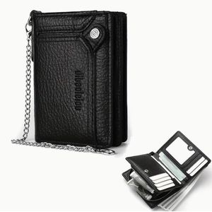 Men'S Wallet with Chain, Faux Leather Short Wallet Card Holder, Double Zipper Coin Pocket, Anti-Theft Wallet