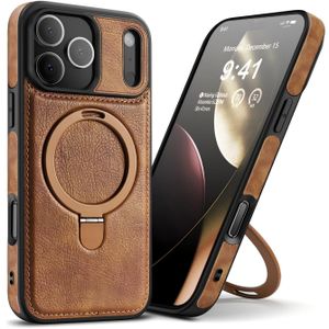 Premium Leather Phone Case for iPhone 17 Pro Max/16 Pro Max/15 Pro Max/14 Pro Max/12 Pro Max, Magsafe Compatible 160° Rotatable Ring Kickstand, Military Grade Shockproof Anti Slip Slim - Brown