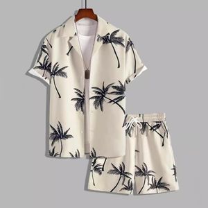 Vintage T Printed Short Sleeve Loose Buttons Casual Shirt & Short - Brown/Black
