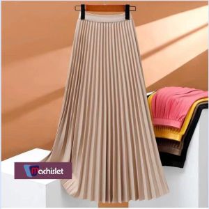Machislet Women High Elastic Waist Pleated Chiffon Skirt Midi Swing A-Line Skirts-Apricot