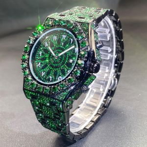 MISS-FX Men's Luxury Green Rhinestone Quartz Watch, Hip Hop Full Dial Watch with Date Display, Zinc Alloy Case & Band, Rhinestone Embellished Quartz Wristwatch for Formal Occasions