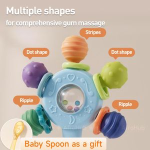 2-in-1 Baby Teether Rattle Toy Manhattan Ball - Anti-Gagging Silicone Gum Massager with Crisp Bell Sound + FREE Heat-Resistant Feeding Spoon (BPA-Free)