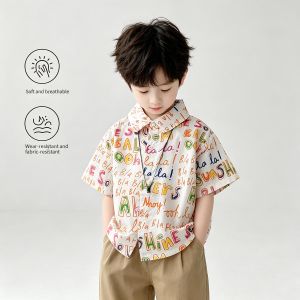 New Summer Short-Sleeve Shirts for Boys: Fun and Stylish Tops with Cartoon English Letters, Loose-Fitting Casual Shirts, Fashionable