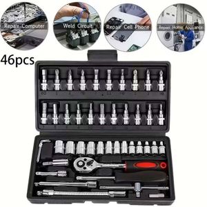 46 Pieces 1/4 inch Drive Socket Ratchet Wrench Set, with Bit Socket Set Metric and Extension Bar for Auto Repairing and Household, with Black Storage Case