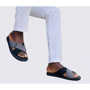 Nokoko Flexible Men's Luxury Strap cross Slippers – Fashionable Non-Slip Leather Slide Sandals For Casual Indoor & Outdoor Wear (Black/Grey)