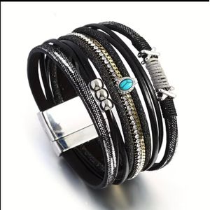 Vintage multilayered faux leather women bracelet with rhinestone & turquoise accents 