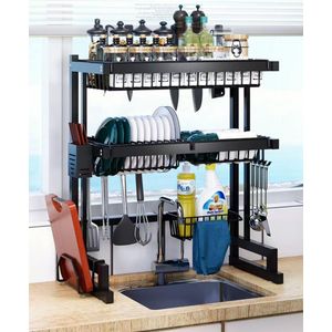 OMAMA HOME TEXTILE Black 2-Tier Over Sink Kitchen Storage Rack – Dish Organizer with Utensil Holders & Hanging Hooks