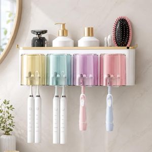 CYFAZA Wall-Mounted Toothbrush Holder with 4 Cups, No-Drill Brush Holder, Space-Saving Brush And Cup Bathroom Rack, White