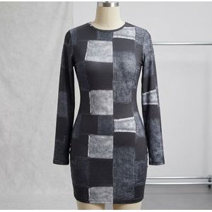 Women’s Faux Denim Patchwork Print Long Sleeve Mini Dress