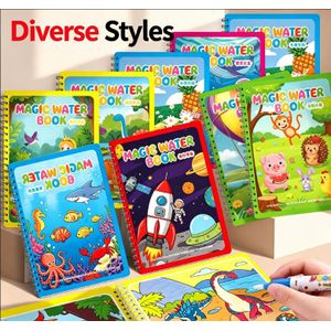 Reusable Magic Watercolor Book for Children - Four piece set of educational cartoon coloring toys with templates and markers, bright colors, high-quality paper, suitable for 3-year-old boys and girls+