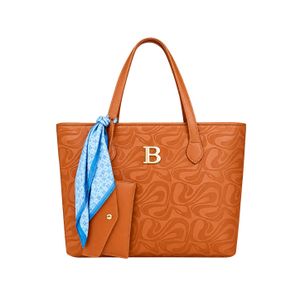 Women’s Luxury Embossed Tote Handbag with Matching Scarf & Pouch – Caramel Brown