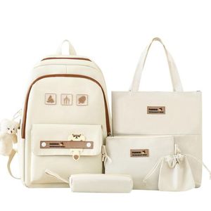 5pcs Women Girls School Bag Backpack - Beige - Beige