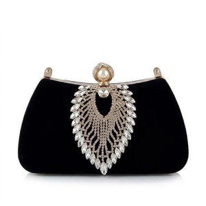 Women's Luxury Crystal Brooch Velvet Evening Clutch Bag - Black with Pearl Clasp