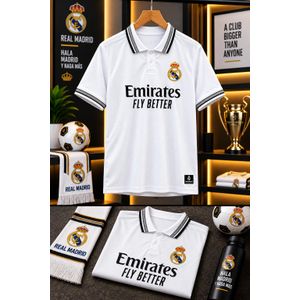 Real Madrid Black Polo Jersey Short Sleeve- White with Black Striped Collar & Cuffs