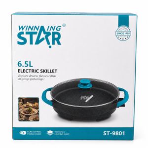 WINNING STAR ST-9801 6.5L Electric Skillet with Glass Lid, Non-Stick Heating Plate & Pure Copper Power Cord – Black