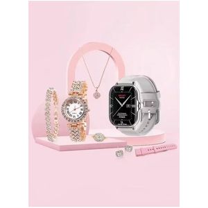 2.02" 47mm Full Touch Screen Smart Watch & Classic Watch With 2 Straps, Ring, Bracelet, Necklace, Earring & Wireless Charger For Women (App: hryfine) - Grey