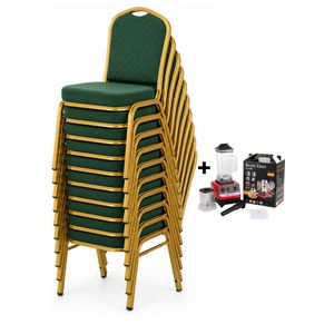 Pack of 10 Green & Gold Upholstered Stackable Banquet Chairs + Silver Crest Heavy-Duty Commercial Blender Set