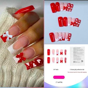 SHEIN 24Pcs Long Square 3D Bow And Heart Pattern Nails + Sticker Glue + Nail File