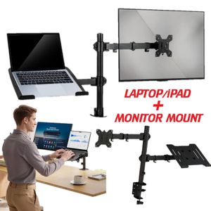 Laptop/iPad/Tablet Floating Stand + Monitor Stand Table Desk Clamp Mount for 13-27/32 Inch Gaming Office Minimalist Organized Computer Screen Monitors / TV, with Adjustable Arms, Height, Tilt, Swivel, Cable Management, Rotate, Fits 75 100 VESA Mounts