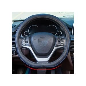 " Anti-Slip Embossing Genuine Cow Leather Car Steering Wheel Cover - Black+Blue Edge