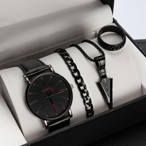 4 IN 1 Men's Quartz Watch Casual Stainless Steel Mesh Strap + Necklace + Ring + Bracelet - Black