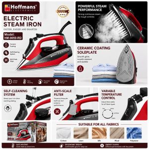 Hoffmans Electric Steam Iron – 3000W Fast Heating Ceramic Soleplate – Red