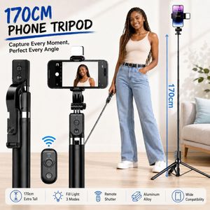 170cm Selfie Stick Tripod with Fill Light & Bluetooth Remote, 360° Adjustable Phone Stand for Selfies, Video & Live Streaming, Black