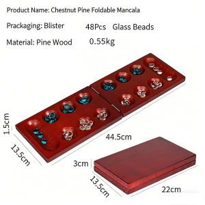 VOV Premium Foldable Wooden Mancala Board Game - Classic Strategy Tabletop Game with 48 Glass Beads - Portable Pine Wood Mancala Set for Kids & Adults