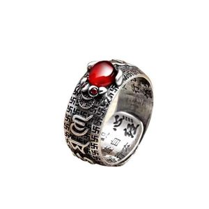 ASCENT Lucky Pixiu Wealth & Fortune Ring, Red Garnet Attract Good Luck,Adjustable Open Cuff Design