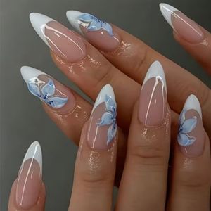 24pcs Almond-Shaped Press-On Nails with 3D Blue Floral Design and White French Tips