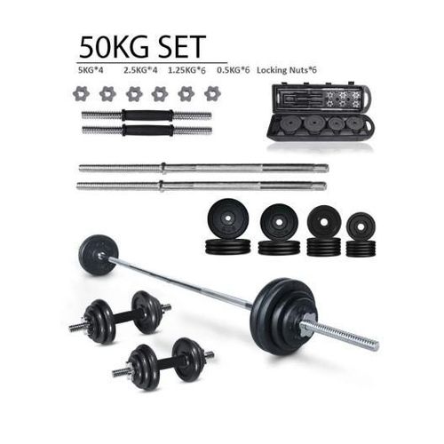 White Label 50KG Adjustable Lacquer Coated Barbell & Dumbbells Set Weights With Storage Case - Style 1