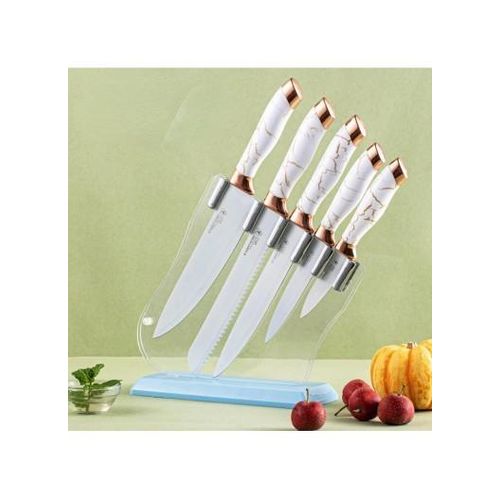 White Label 5 Pcs Kitchen Knife Set With Slotted Acrylic Block Knife Display Stand