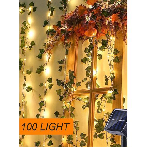 product_image_name-White Label-12m 100-LED Solar String Light, Multi-Mode Outdoor Artificial Leaf Rattan Hanging Solar String Light Decor - Warm White-1